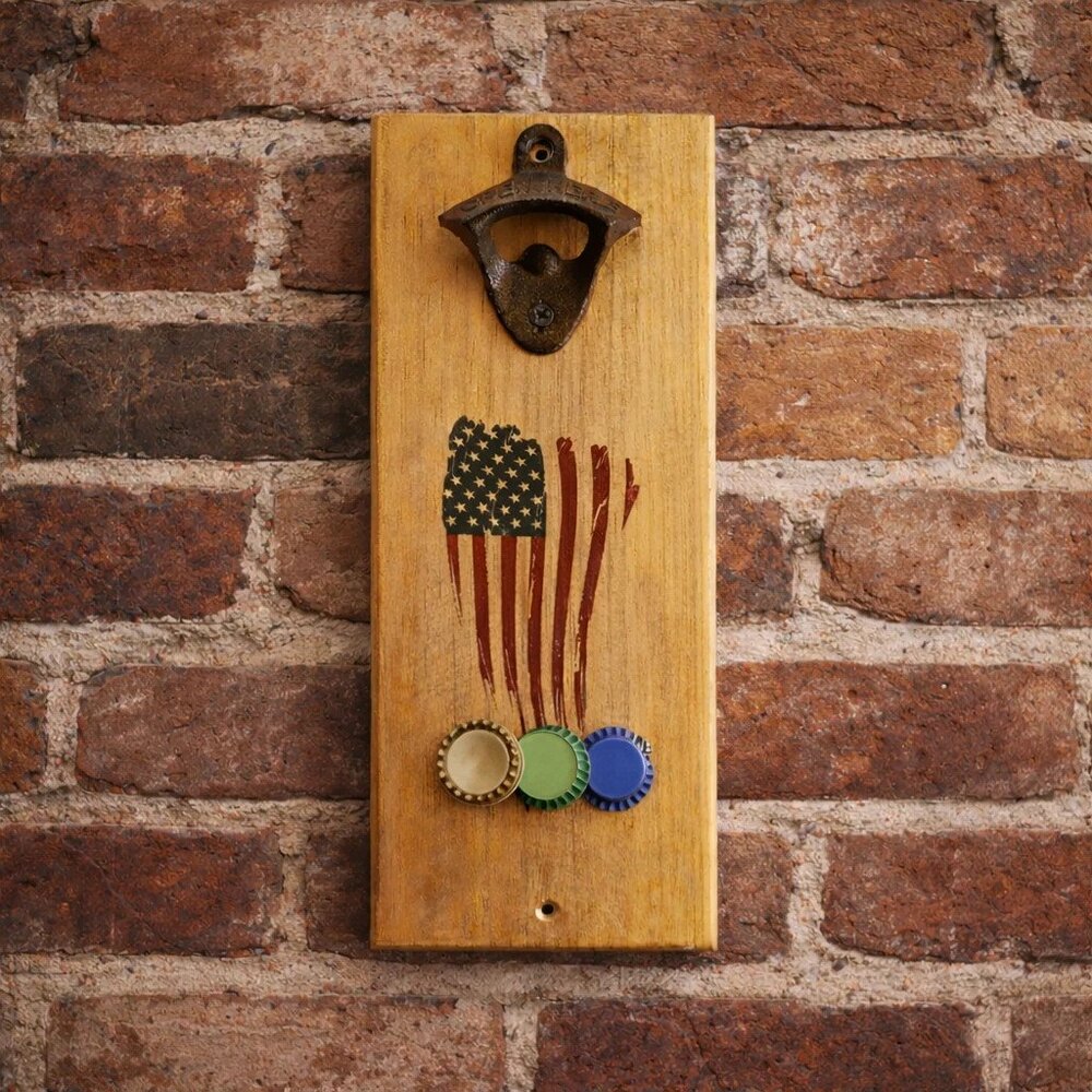 Magnetic Beer Bottle Opener Rustic American Flag wi. Mounting Hardware